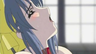 Busty brunette hentai girl fingers her wet slit and rides a giant dong on the floor