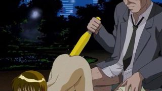 Innocent looking hentai minx getting wet muff screwed with a huge toy in the park