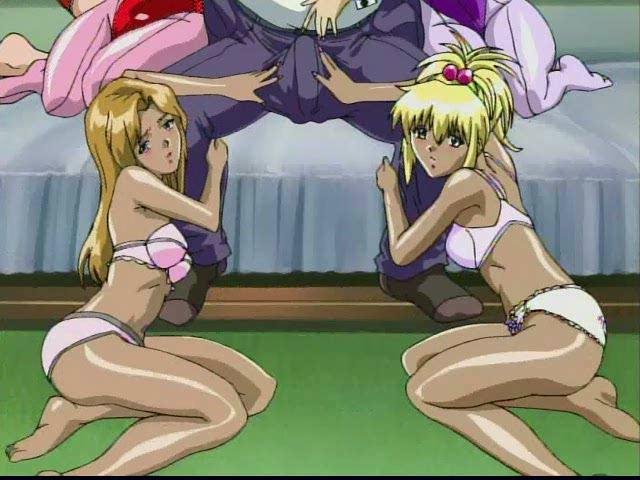 Sexual hentai girls touching a fatty dude`s body with lust