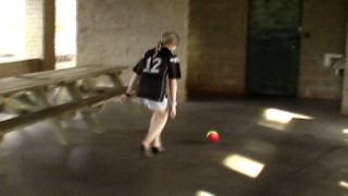 Sexy blond exgirlfriend cutie Kitty playing football and showing her assets