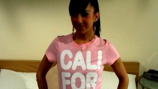 Elegant brunette amateur British teen babe Lacey California masturbating with a pink toy in bedroom