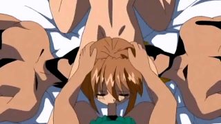 Poor hentai babe has to deal with four rock hard pricks at the same time